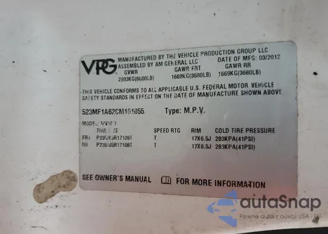 2012 Vpg Mv1 from USA, damaged, VIN 523MF1A62CM101055